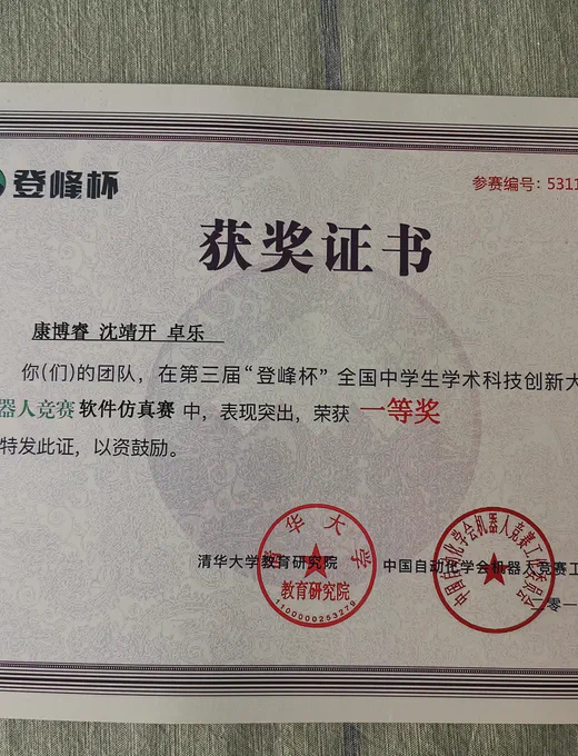 高中登峰杯证书